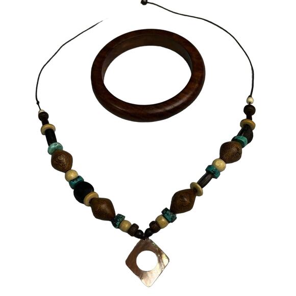 Handmade Bohemian Wood Beaded Necklace & Bangle Set Turquoise Brown Geometric - Picture 2 of 6
